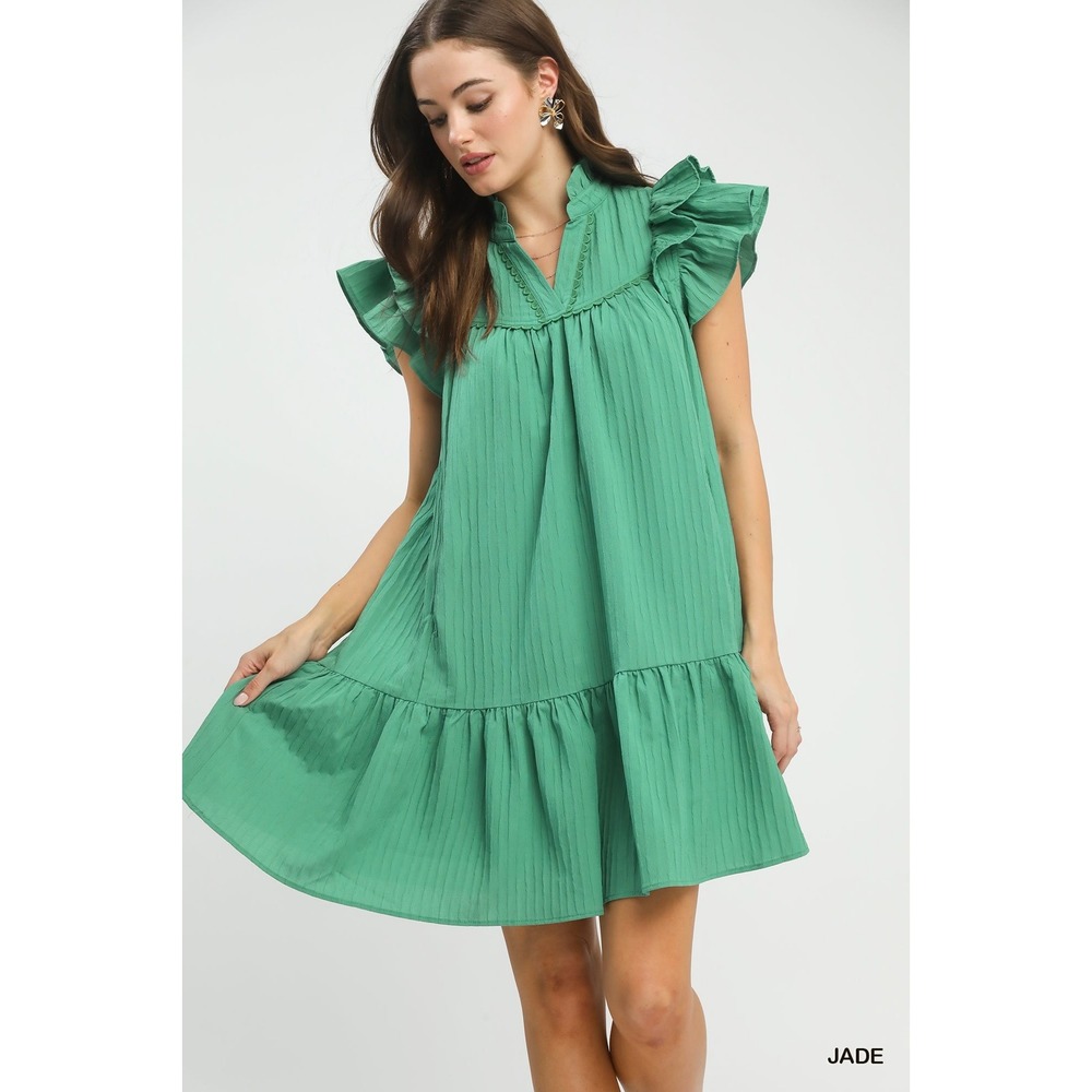 Umgee Mini Dress Womens Medium Teal‎ Green Ruffle Sleeve Crochet Trim Textured